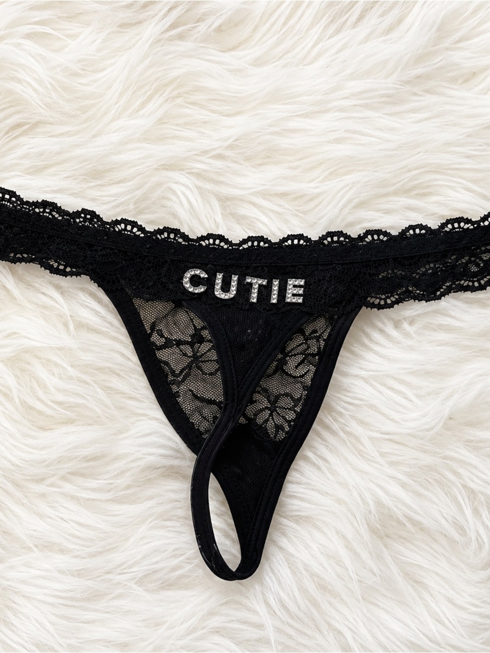 Black Lace 'CUTIE' Rhinestone Thong